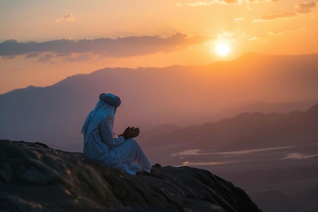 Photo arafe assis sur un rocher avec un coucher de soleil en arrière-plan