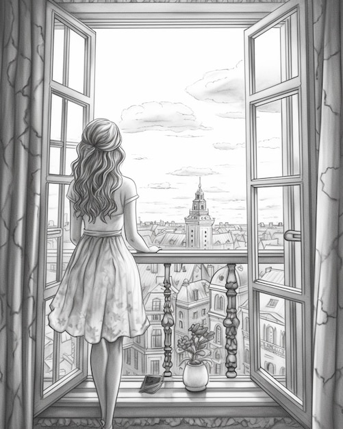 Arafed dessin d'une femme regardant par la fenêtre d'une ville ai générative