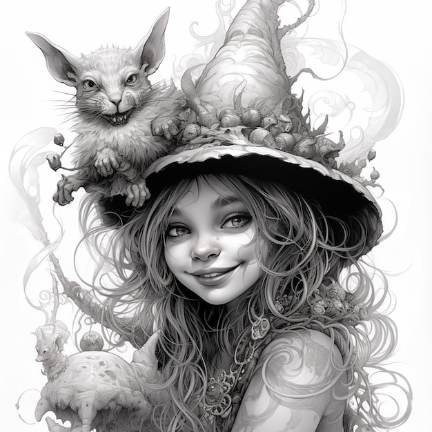 Photo arafed dessin d'une fille avec un chat et un chapeau ai générative