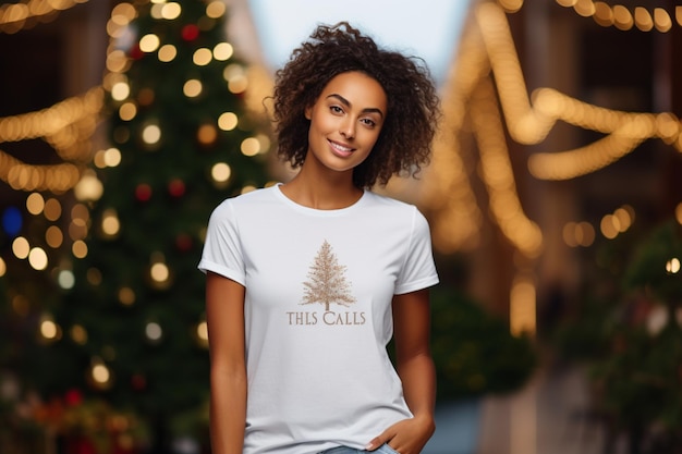 arafed femme dans une chemise blanche debout devant un arbre de Noël ai générative