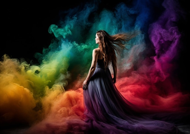 Arafed femme vêtue d'une longue robe debout devant un nuage de fumée coloré ai génératif