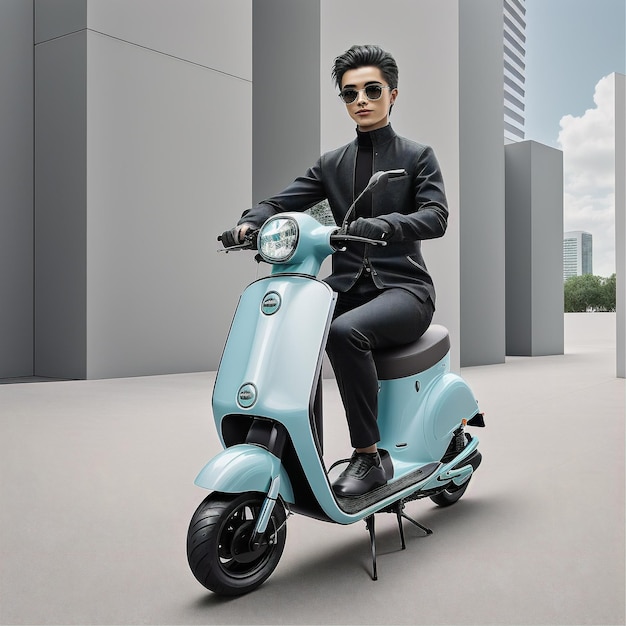 arafed homme en costume et lunettes de soleil sur un scooter bleu