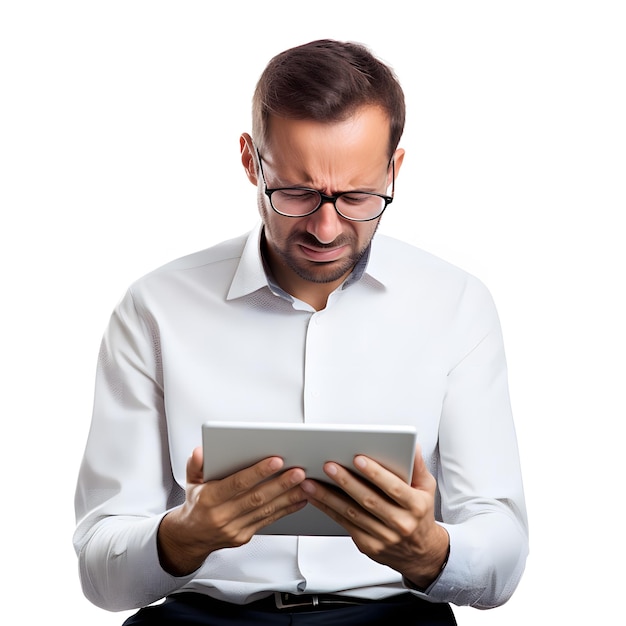 Photo arafed homme dans des lunettes à l'aide d'une tablette sur fond blanc ia générative