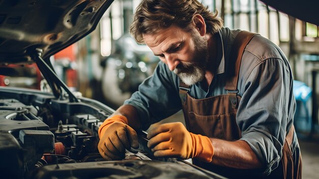 arafed homme travaillant sur un moteur de voiture dans un garage IA générative