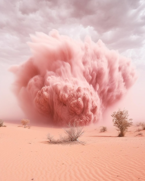 arafed nuage de poussière rose dans le désert avec des arbres ai génératif