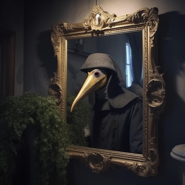 Arafed oiseau dans un manteau noir et un chapeau est reflété dans un miroir génératif ai