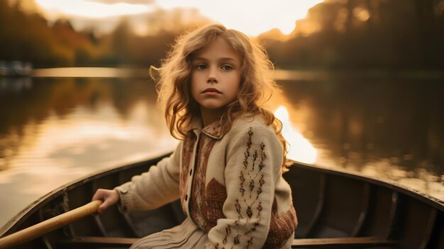 arafed petite fille assise dans une barque sur un lac IA générative