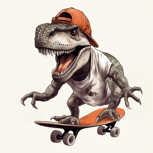Photo arafed t rex avec une casquette sur un skateboard génératif ai
