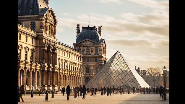 Photo des arafes marchant devant une grande pyramide de verre générative ai