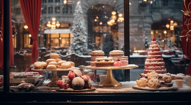 arafes et pâtisseries exposées dans une fenêtre d'une boulangerie générative ai