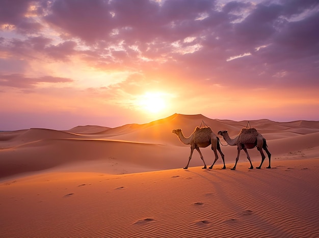 des arafes se promenant dans le désert au coucher du soleil avec un ciel d'arrière-plan génératif ai