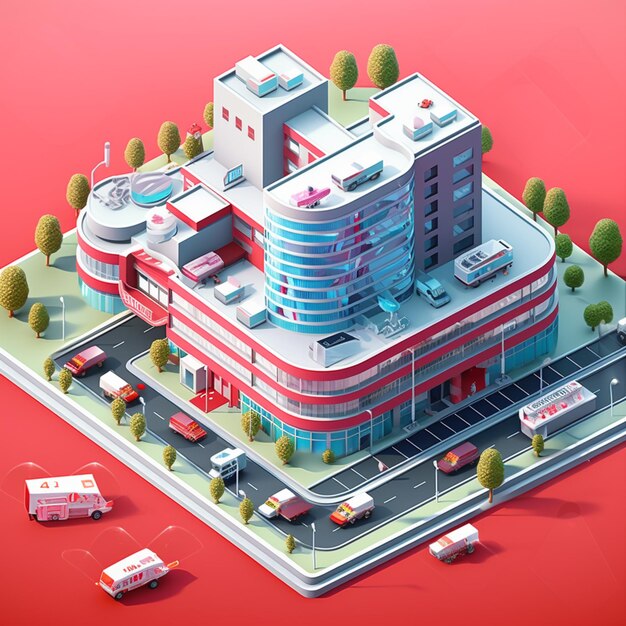 Photo araffature d'un bâtiment d'hôpital avec un parking et un camion de pompiers