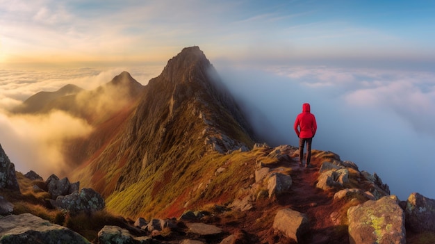 Araffe debout au sommet d'une montagne avec vue sur les nuages ai générative