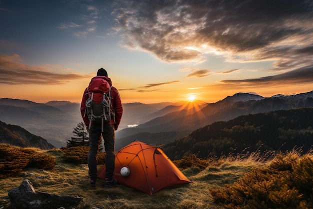 araffe debout sur une colline avec une tente et un sac à dos ai génératif