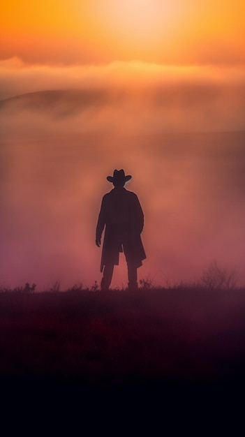 Araffe debout dans le brouillard avec un chapeau et un sac sur le dos