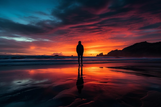 Araffe debout sur la plage au coucher du soleil avec un ciel rouge ai génératif