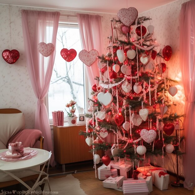 araffe décoré arbre de Noël avec des décorations roses et rouges dans un salon génératif ai