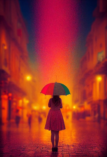 Araffe femme en robe rouge tenant un parapluie la pluie générative ai