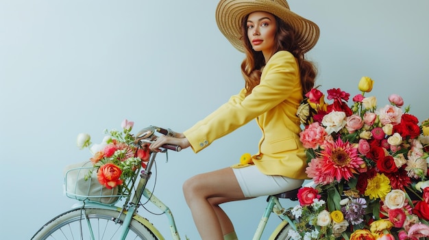 Photo araffe femme en veste jaune et chapeau à vélo avec des fleurs générative ai