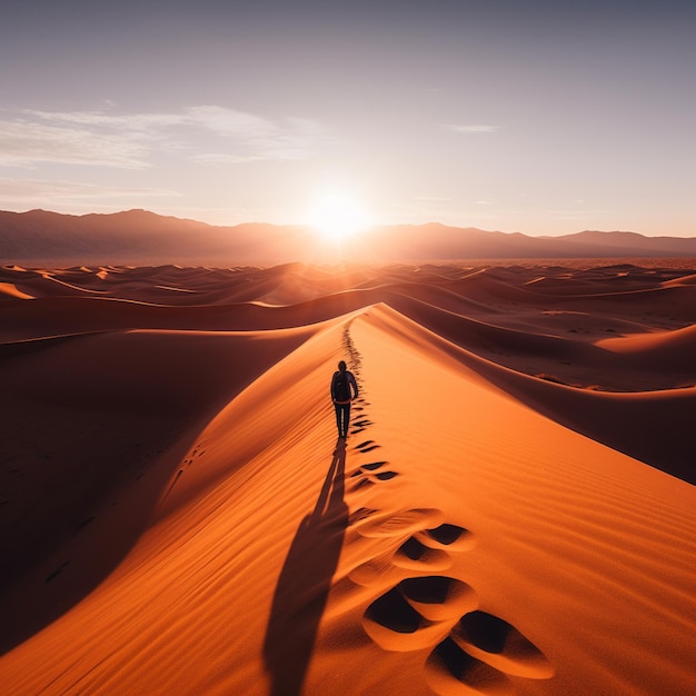 Araffe marchant sur une dune de sable dans le désert au coucher du soleil