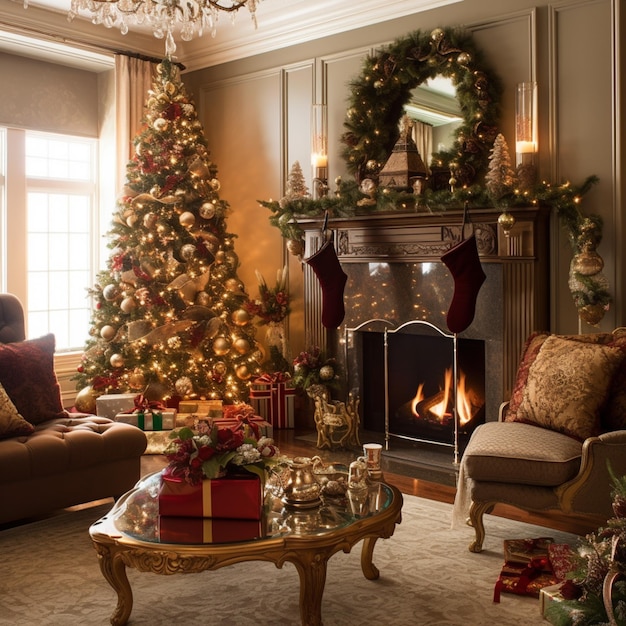 araffe sapin de noël dans un salon avec une cheminée et un sapin de noël ai génératif