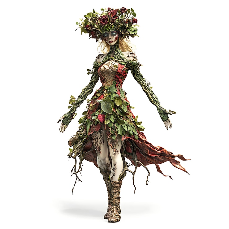 Photo araffe vêtue d'un costume de feuilles et de fleurs