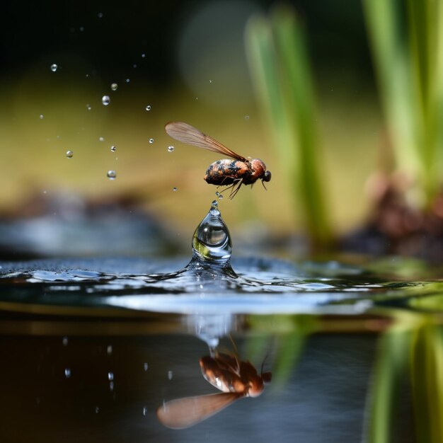 Araffe vole dans un étang d'eau avec une goutte d'eau générative ai