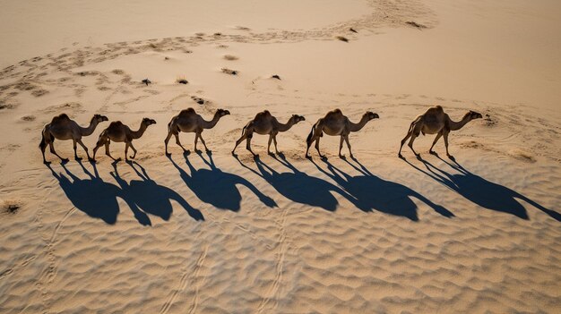 araffes marchant dans le sable avec leurs ombres au sol IA générative