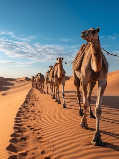 araffes marchant en ligne dans le désert avec des empreintes de pas dans le sable IA générative