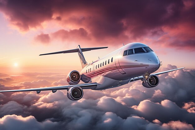 araflane volant dans le ciel avec des nuages et un coucher de soleil ai génératif