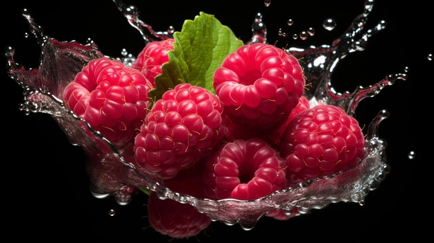 Arafly a tiré sur un bol de framboises avec de l'eau éclaboussée dessus.