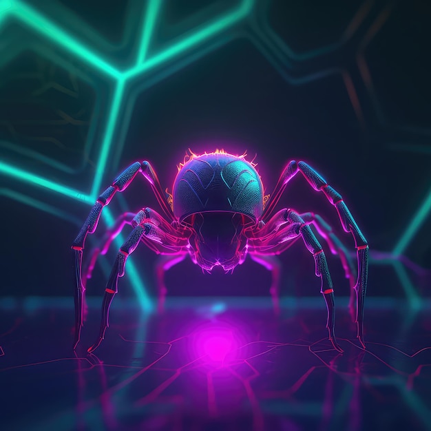 Une araignée au néon se trouve sur une surface noire avec un fond violet.