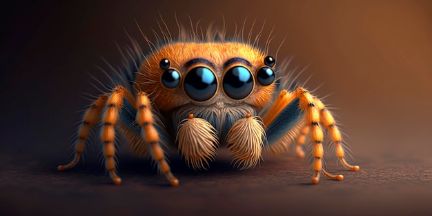Une araignée aux grands yeux est assise sur une surface brune.