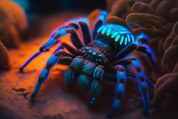 Une araignée bleue est assise sur un rocher dans le noir.