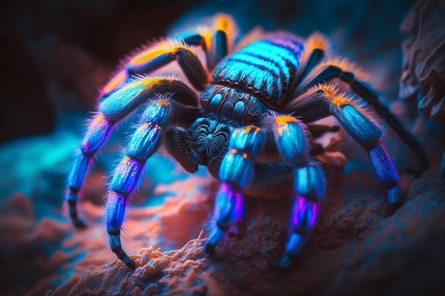 Une araignée bleue avec une tête bleue est assise sur un rocher.