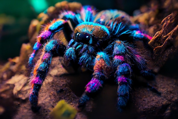 Une araignée colorée avec une coloration bleue et rose est assise sur un rocher.