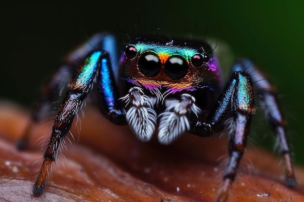 Une araignée colorée avec un visage noir est assise sur une feuille.