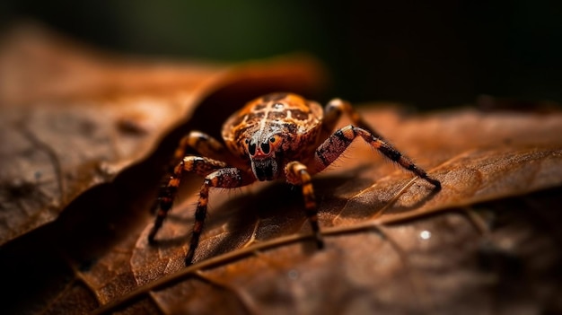 Une araignée est assise sur une feuille dans le noir