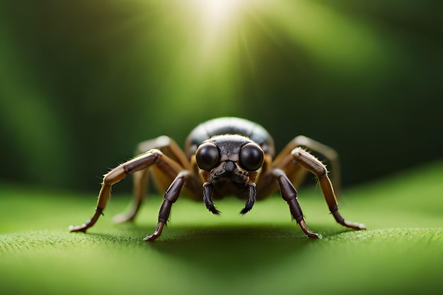 Une araignée est assise sur une feuille verte avec le mot araignée dessus.