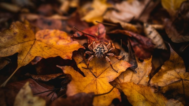 Une araignée est assise sur les feuilles d'un tas de feuilles d'automne.