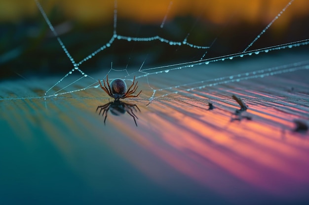 Photo une araignée est assise sur sa toile et le soleil se reflète dessus