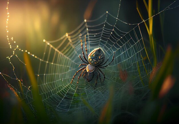 L'araignée est assise sur une toile sur fond vert