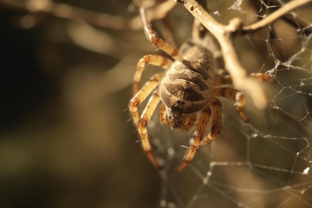 Une araignée est sur une branche avec sa toile.