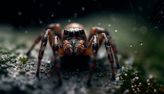 Une araignée est vue sous la pluie dans cette image.