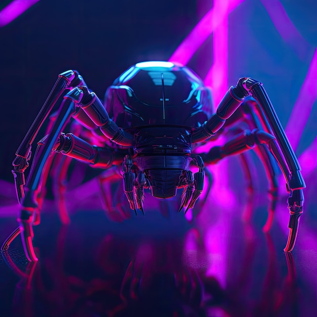 Une araignée avec un fond violet et des lumières violettes.