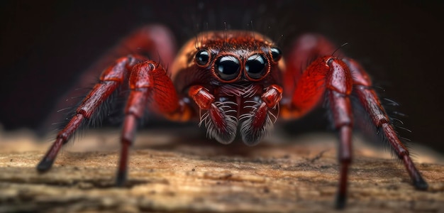 Une araignée avec de grands yeux est sur une surface en bois.