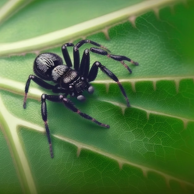 Araignée mignonne de couleur noire sur une feuille