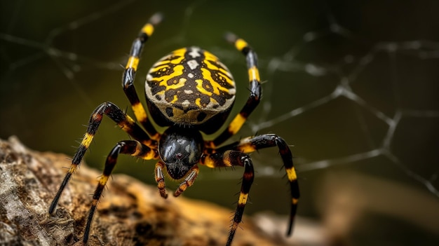 Une araignée avec un motif jaune et noir sur le dos est assise dans sa toile.