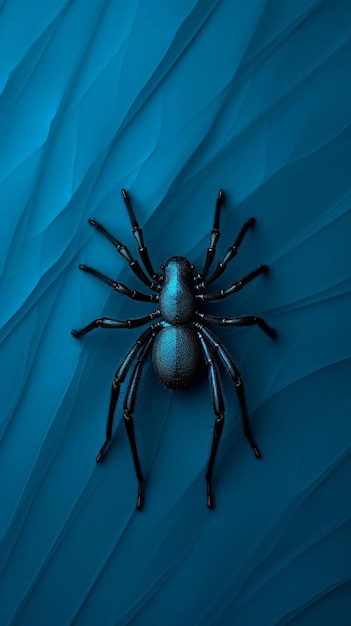 une araignée noire est sur fond bleu