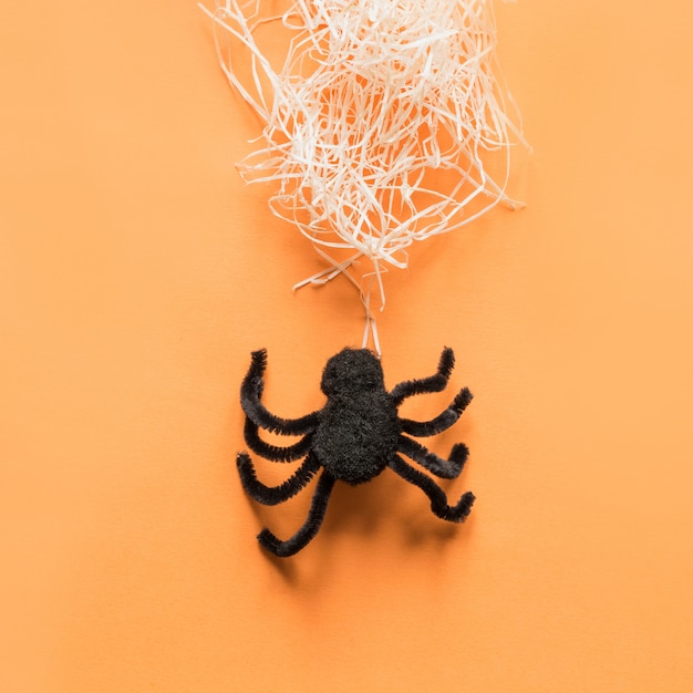 Araignée noire et web sur orange. Vue d'en-haut. Décor de fête d'Halloween minimal.